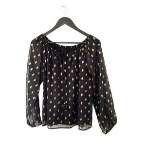 Black Gold Metallic Print Peasent Style Long Sleeve Boho Blouse